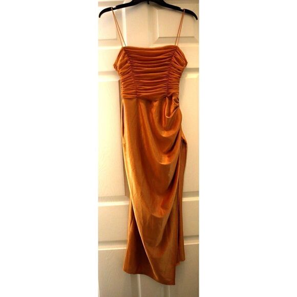 ASOS DESIGN Women's Sz 4 Gold Mesh Ruched Cami Drape Satin Midi Dress - Picture 10 of 14
